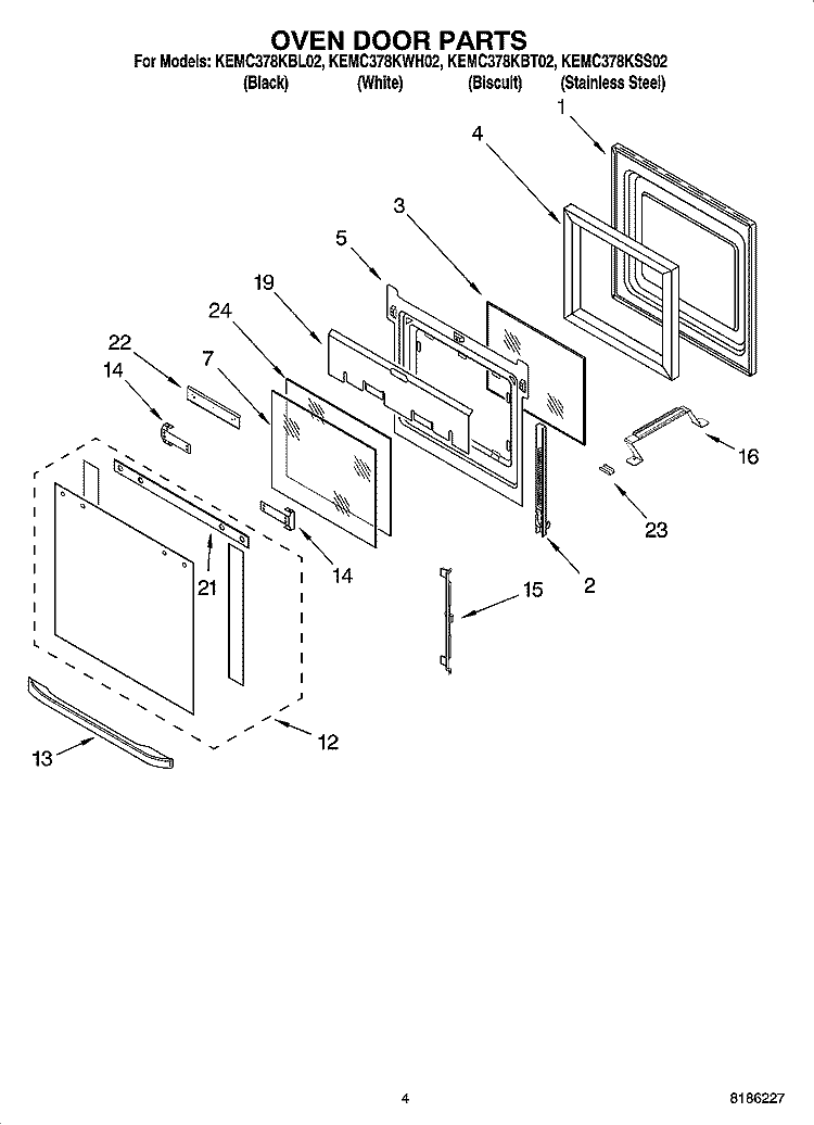 OVEN DOOR PARTS Diagram and Parts List for KEMC378KBT02  KitchenAid Microwave Oven Combo