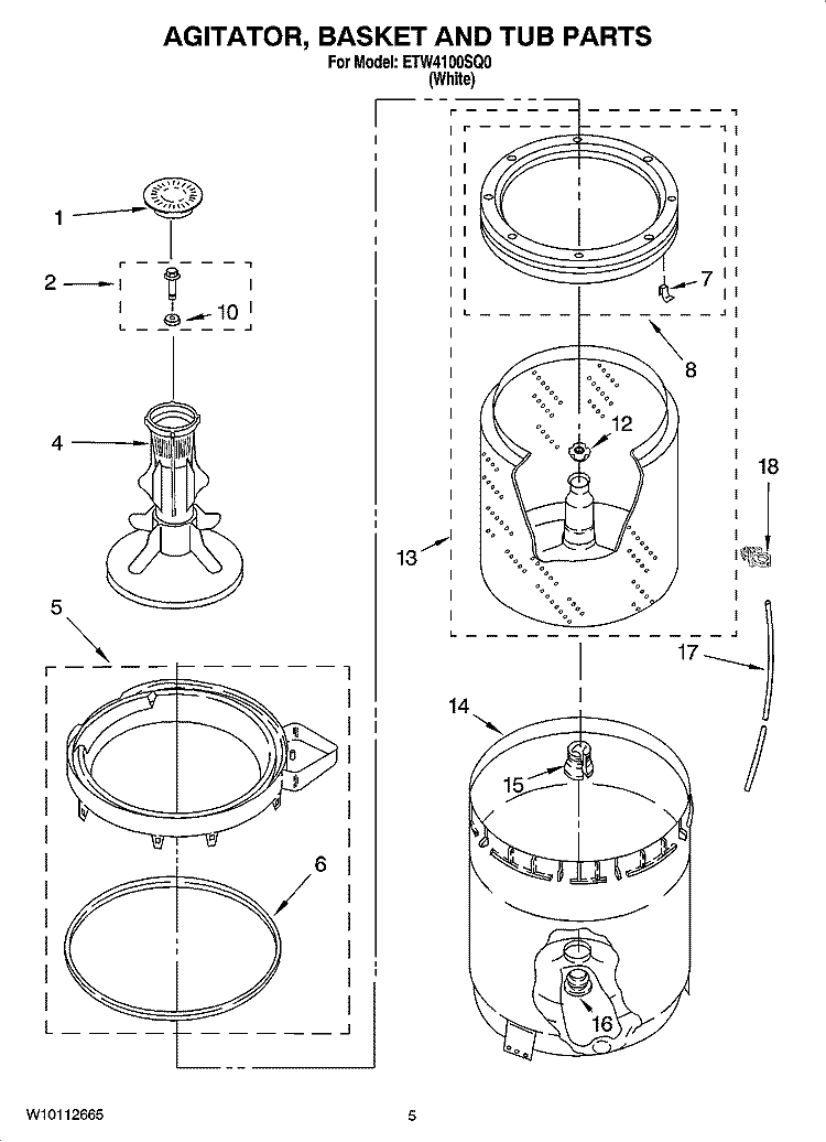 AGITATOR, BASKET AND TUB PARTS Diagram and Parts List for ETW4100SQ0  Estate Washer