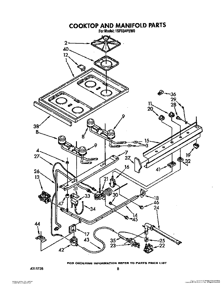 COOKTOP AND MANIFOLD, LIT/OPTIONAL Diagram and Parts List for 1SF034PEW0  Whirlpool Range