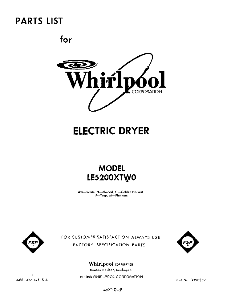 SECTION Diagram and Parts List for LE5200XTF0  Whirlpool Dryer