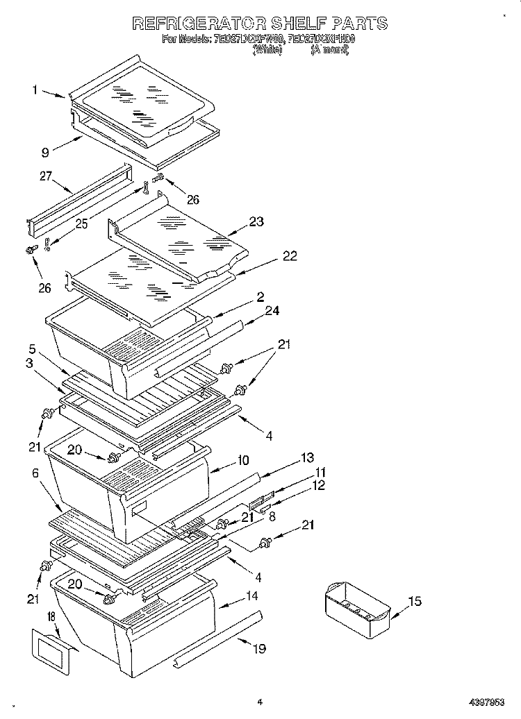 REFRIGERATOR SHELF Diagram and Parts List for 7ED27DQXFN00  Whirlpool Refrigerator