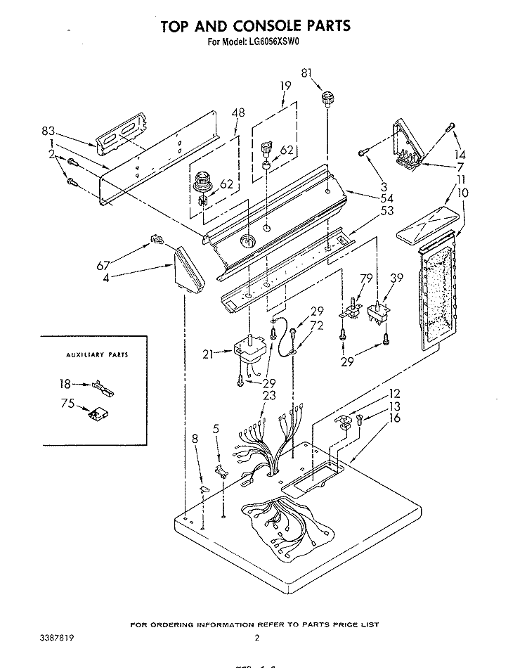 TOP AND CONSOLE , LITERATURE AND OPTIONAL Diagram and Parts List for LG6056XSW0  Whirlpool Dryer