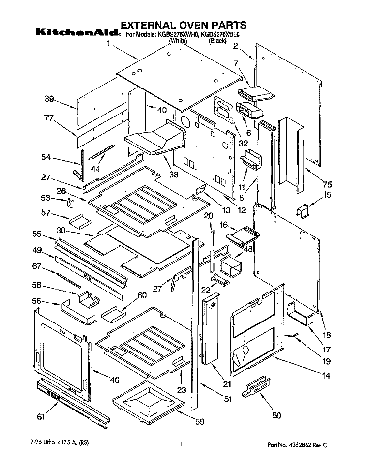 EXTERNAL OVEN Diagram and Parts List for KGBS276XBL0  KitchenAid Wall Oven