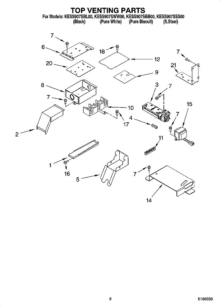 TOP VENTING PARTS, OPTIONAL PARTS Diagram and Parts List for KESS907SBB00  KitchenAid Range