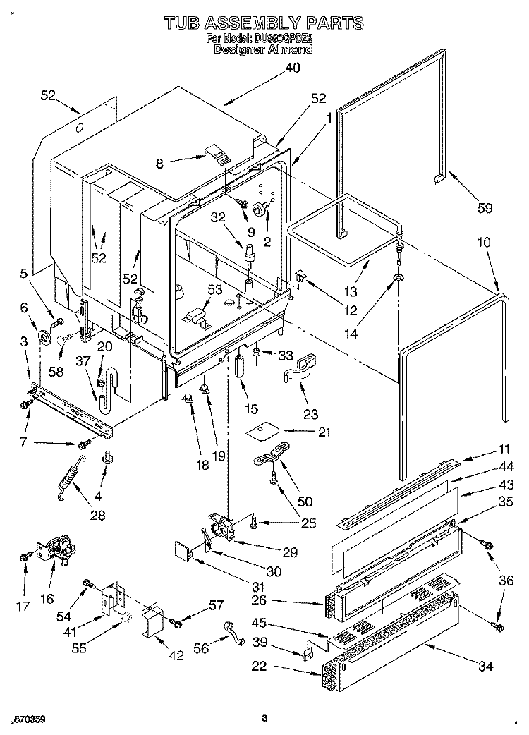 TUB ASSEMBLY Diagram and Parts List for DU980QPDZ2  Whirlpool Dishwasher