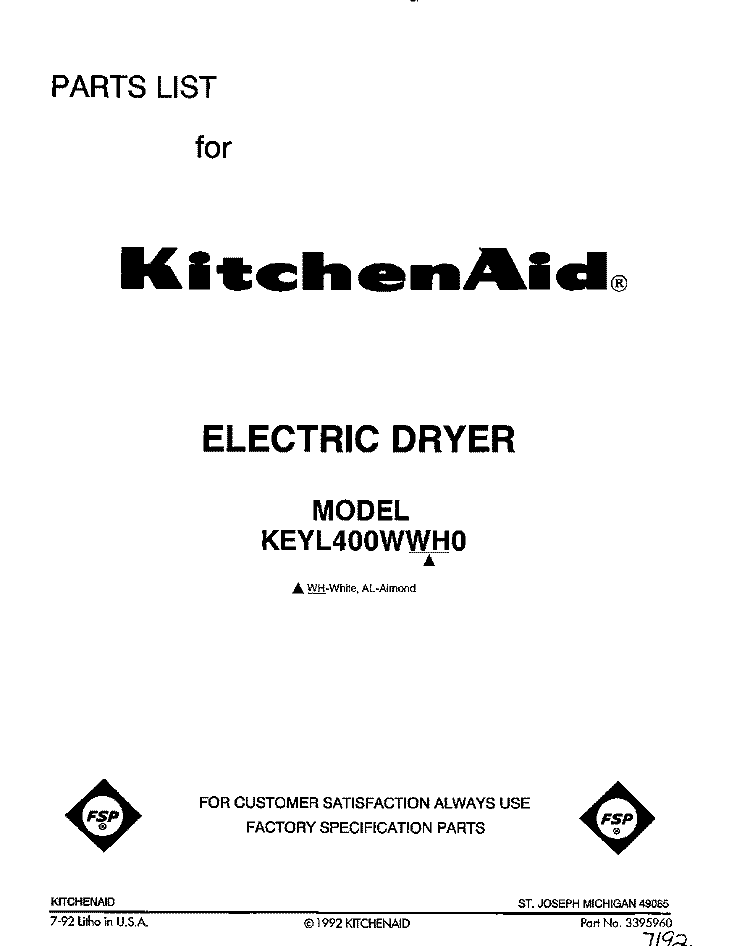 SECTION Diagram and Parts List for KEYL400WWH0  KitchenAid Dryer
