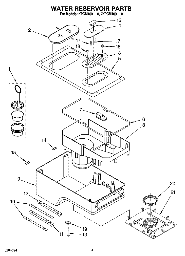 WATER RESERVOIR PARTS Diagram and Parts List for 4KPCM100PM0  KitchenAid Coffee Maker