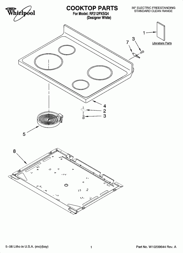 COOKTOP PARTS Diagram and Parts List for RF212PXSQ4  Whirlpool Range