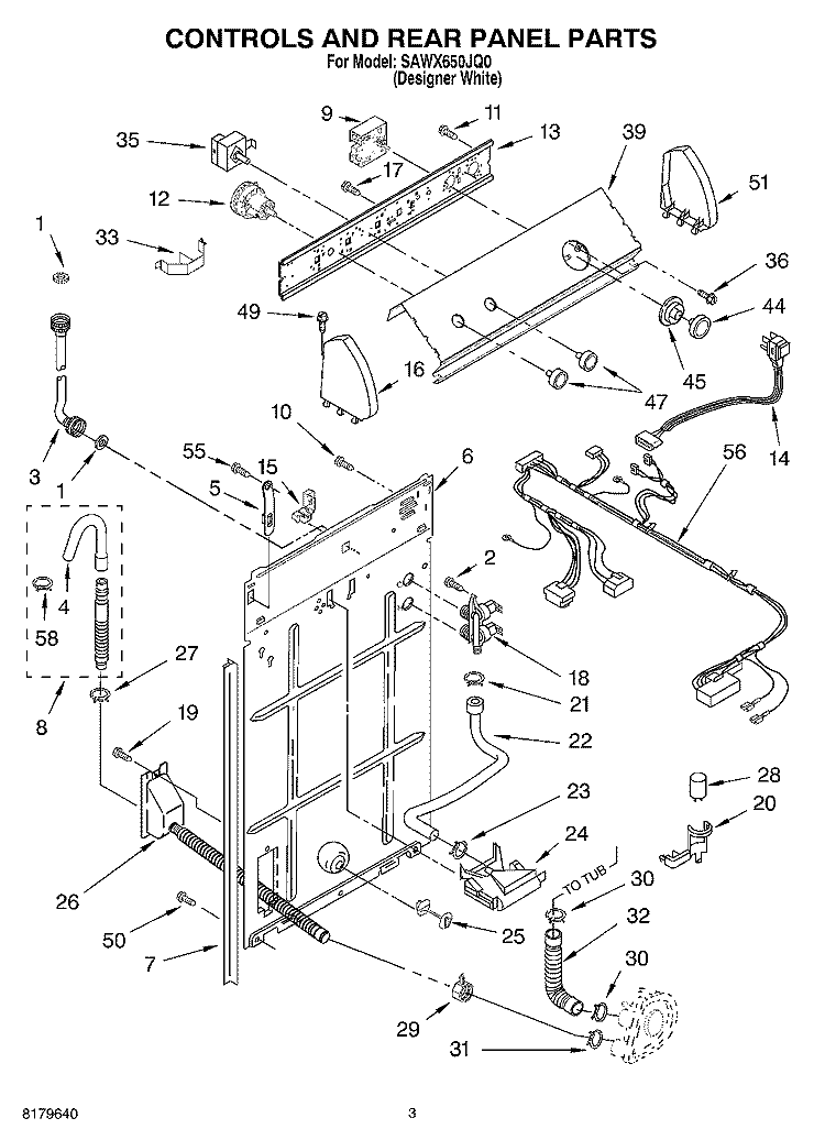 CONTROLS AND REAR PANEL Diagram and Parts List for SAWX650JQ0  Whirlpool Washer