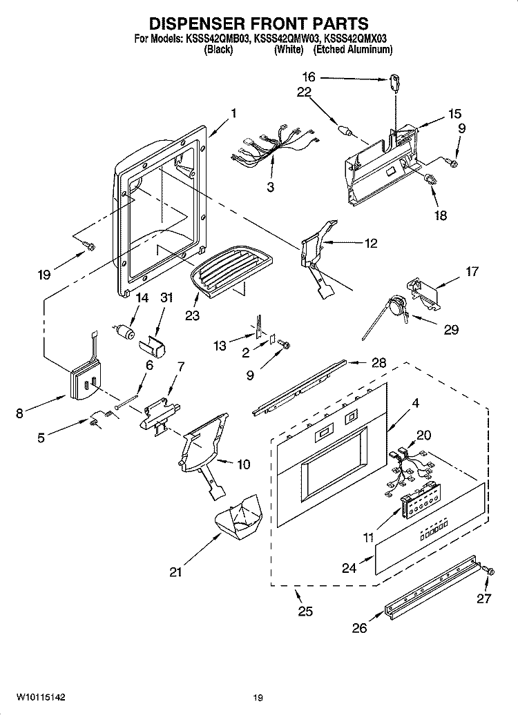 DISPENSER AND FRONT PARTS Diagram and Parts List for KSSS42QMW03  KitchenAid Refrigerator