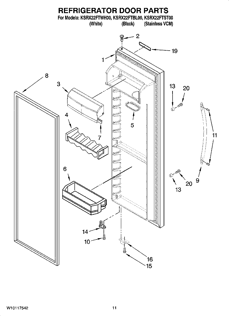 REFRIGERATOR DOOR PARTS Diagram and Parts List for KSRX22FTWH00  KitchenAid Refrigerator