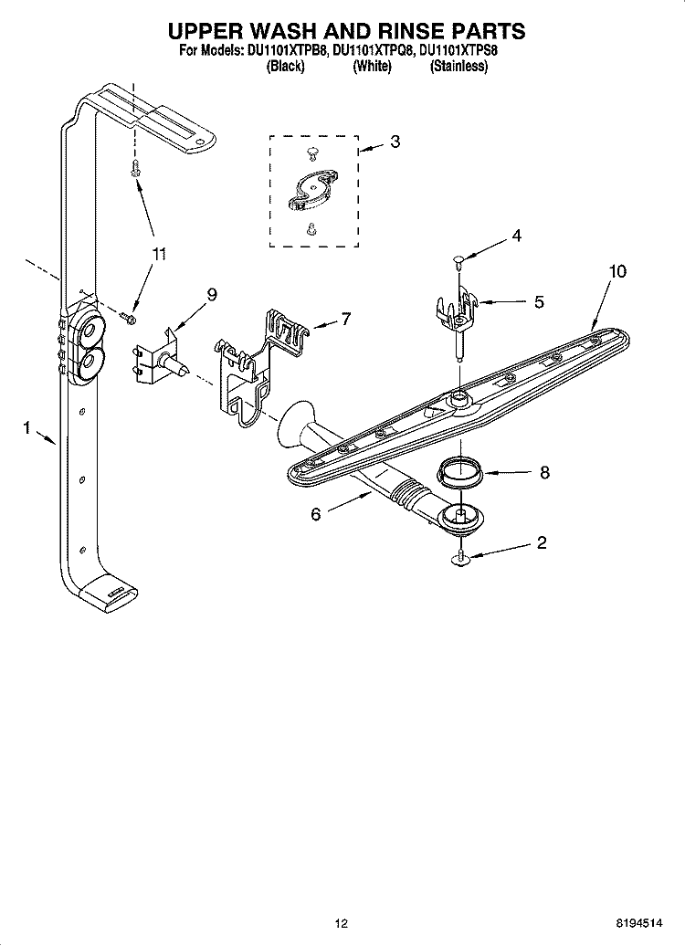 UPPER WASH AND RINSE PARTS Diagram and Parts List for DU1101XTPS8  Whirlpool Dishwasher