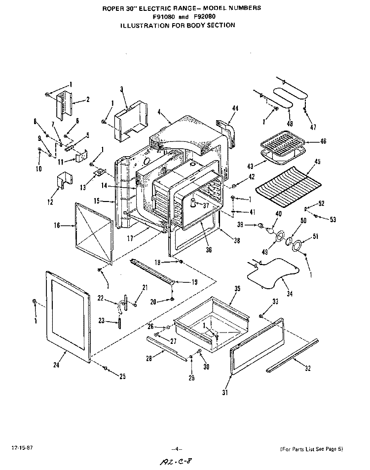 BODY Diagram and Parts List for F9208W0  Roper Range