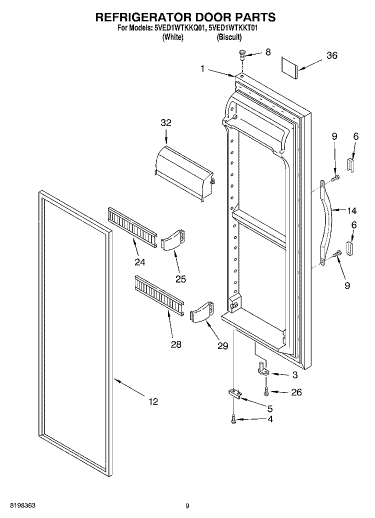 REFRIGERATOR DOOR Diagram and Parts List for 5VED1WTKKQ01  Whirlpool Refrigerator