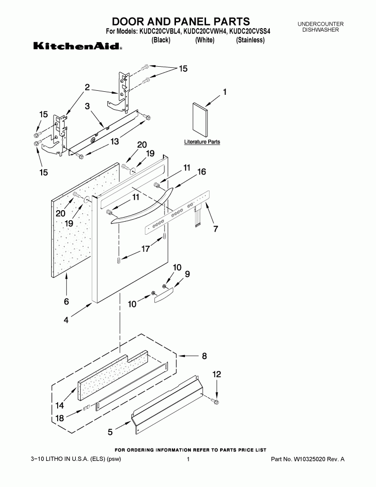 DOOR AND PANEL PARTS Diagram and Parts List for KUDC20CVSS4  KitchenAid Dishwasher
