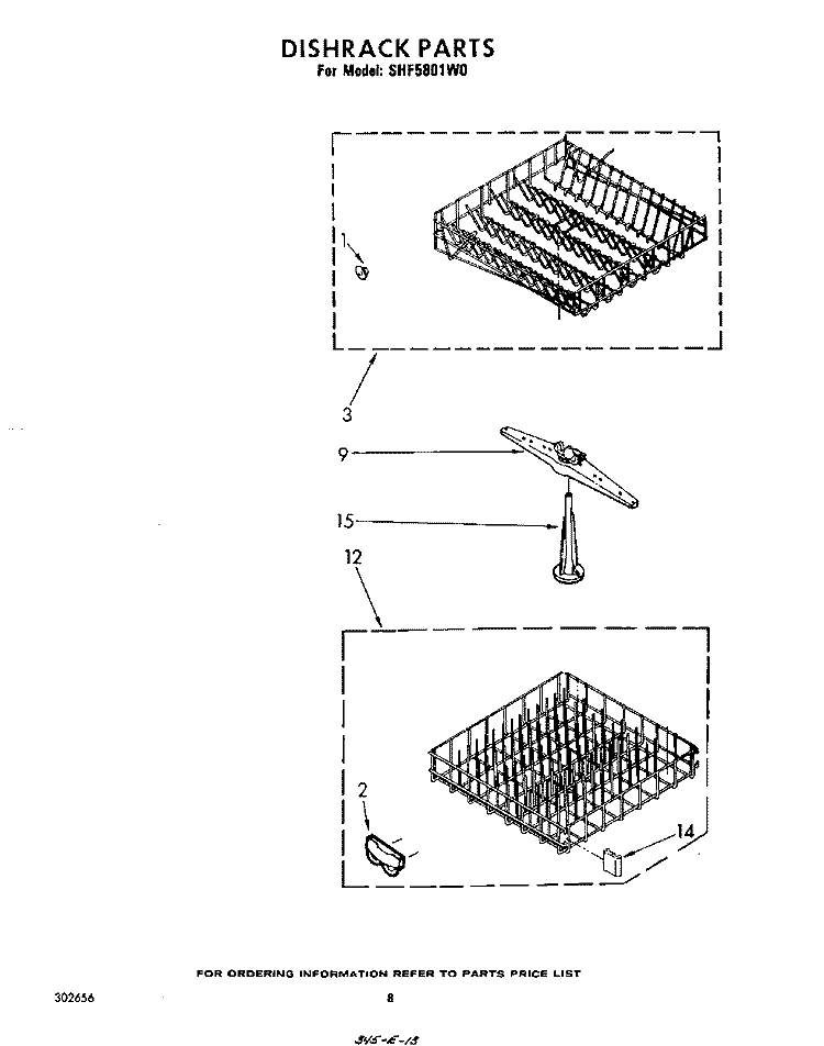 DISHRACK Diagram and Parts List for SHF5801W0  Whirlpool Dishwasher