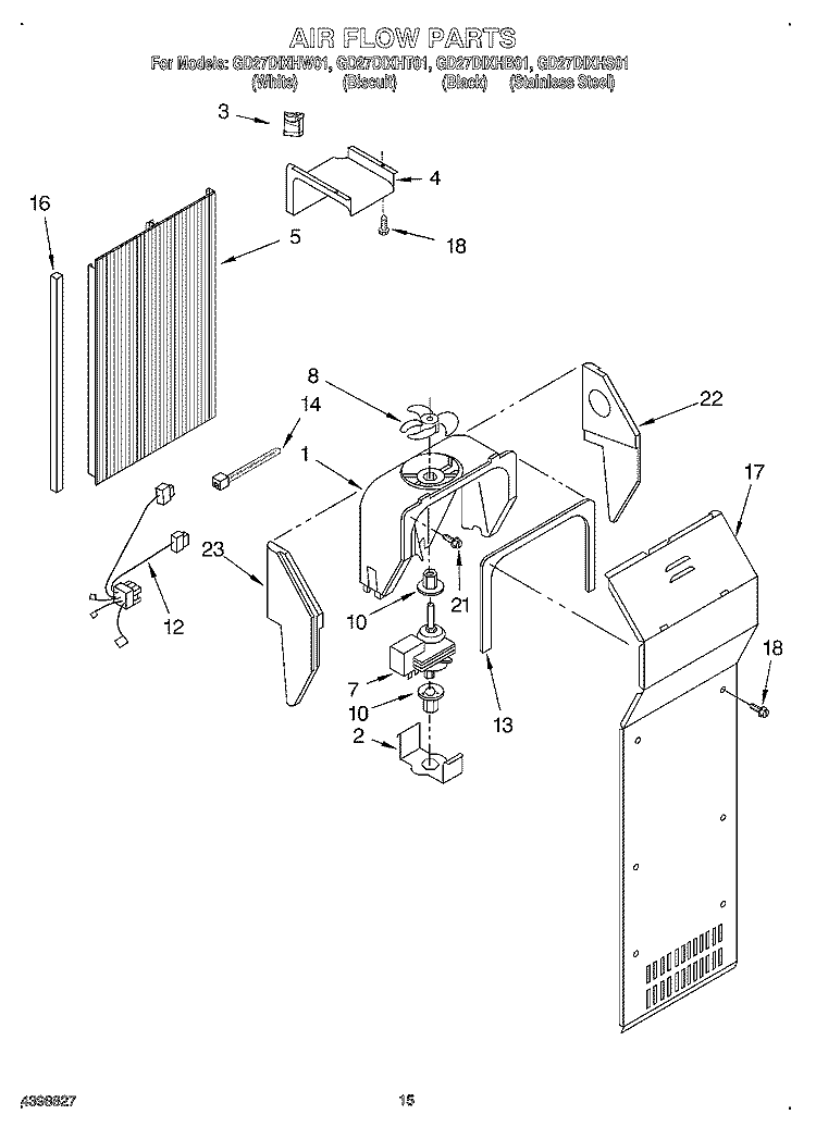 AIR FLOW Diagram and Parts List for GD27DIXHW01  Whirlpool Refrigerator