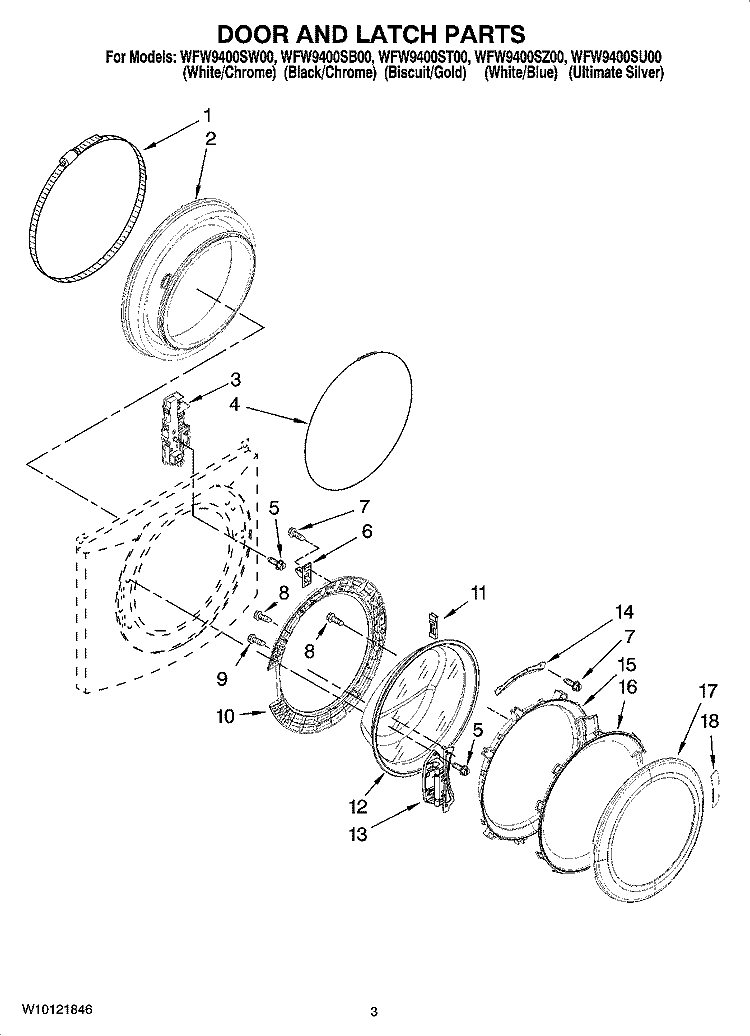DOOR AND LATCH PARTS Diagram and Parts List for WFW9400SB00  Whirlpool Washer