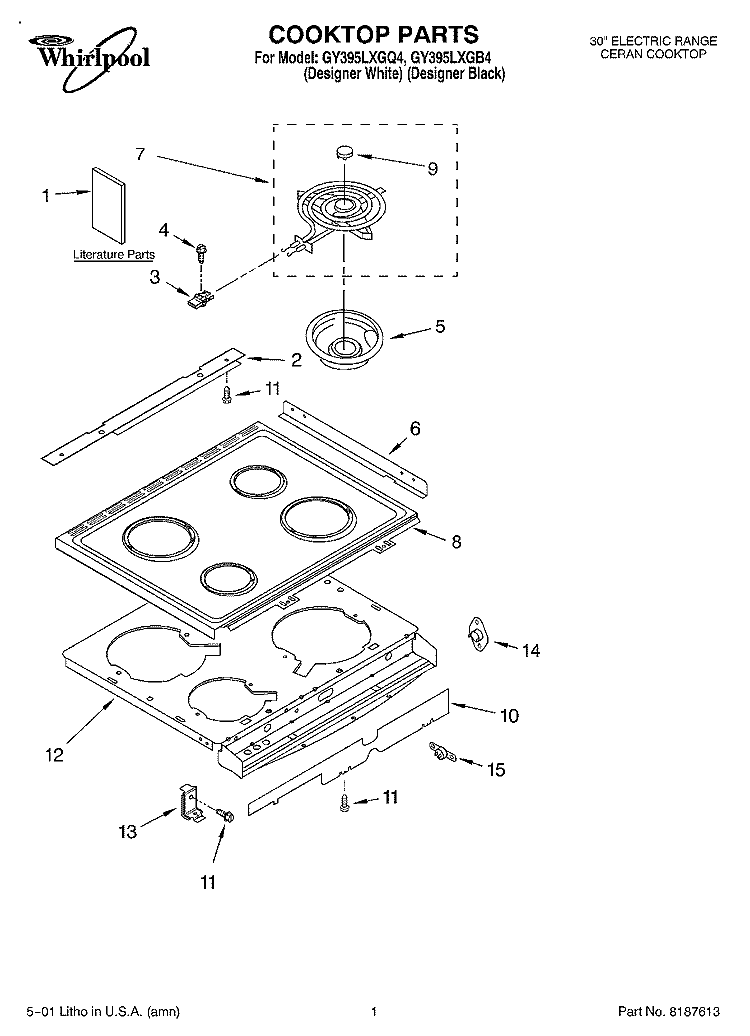 COOKTOP, LITERATURE Diagram and Parts List for GY395LXGQ4  Whirlpool Range