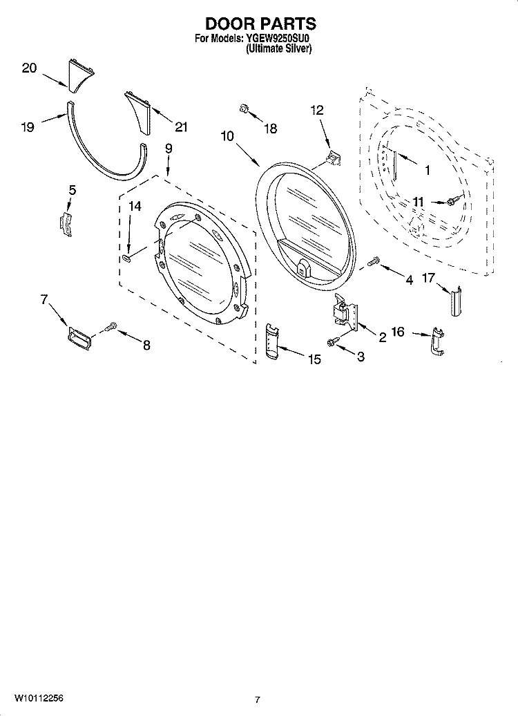 DOOR PARTS, OPTIONAL PARTS (NOT INCLUDED) Diagram and Parts List for YGEW9250SU0  Whirlpool Dryer