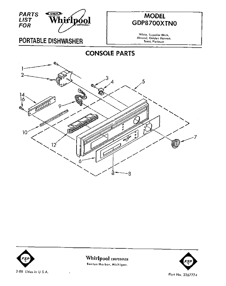 CONSOLE Diagram and Parts List for GDP8700XTN0  Whirlpool Dishwasher