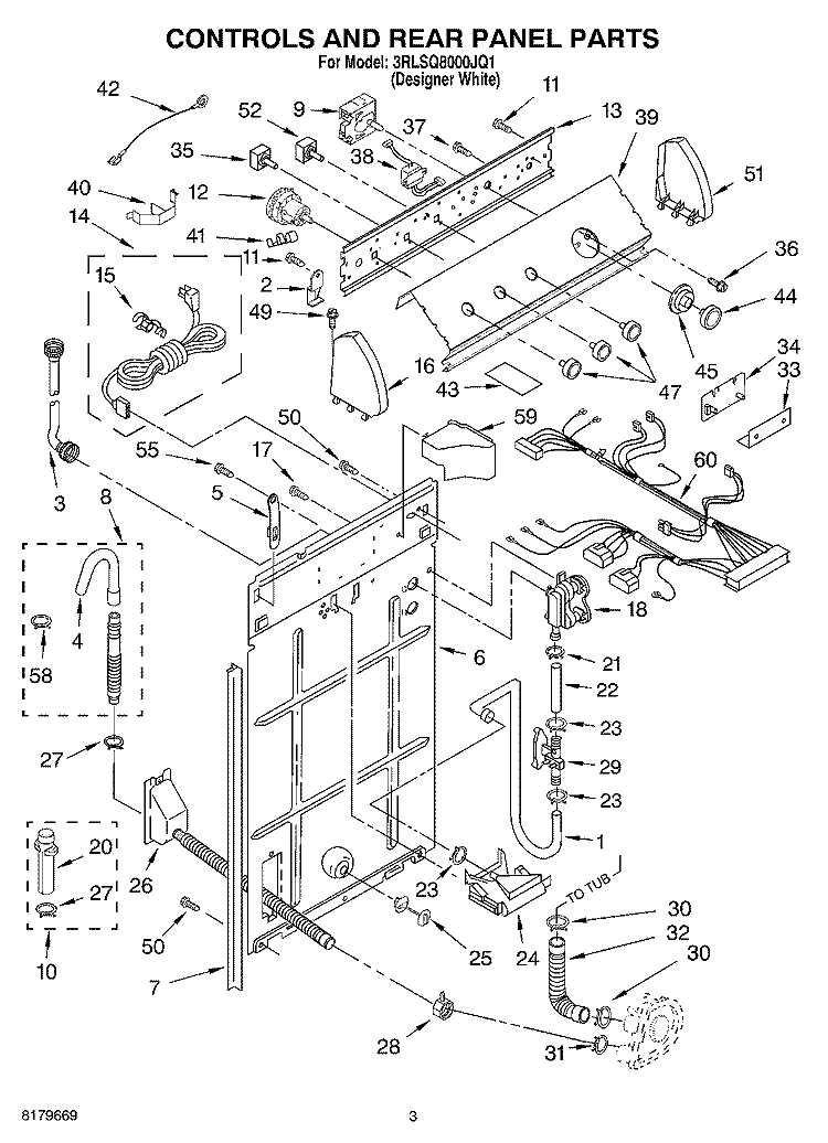 CONTROLS AND REAR PANEL Diagram and Parts List for 3RLSQ8000JQ1  Whirlpool Washer
