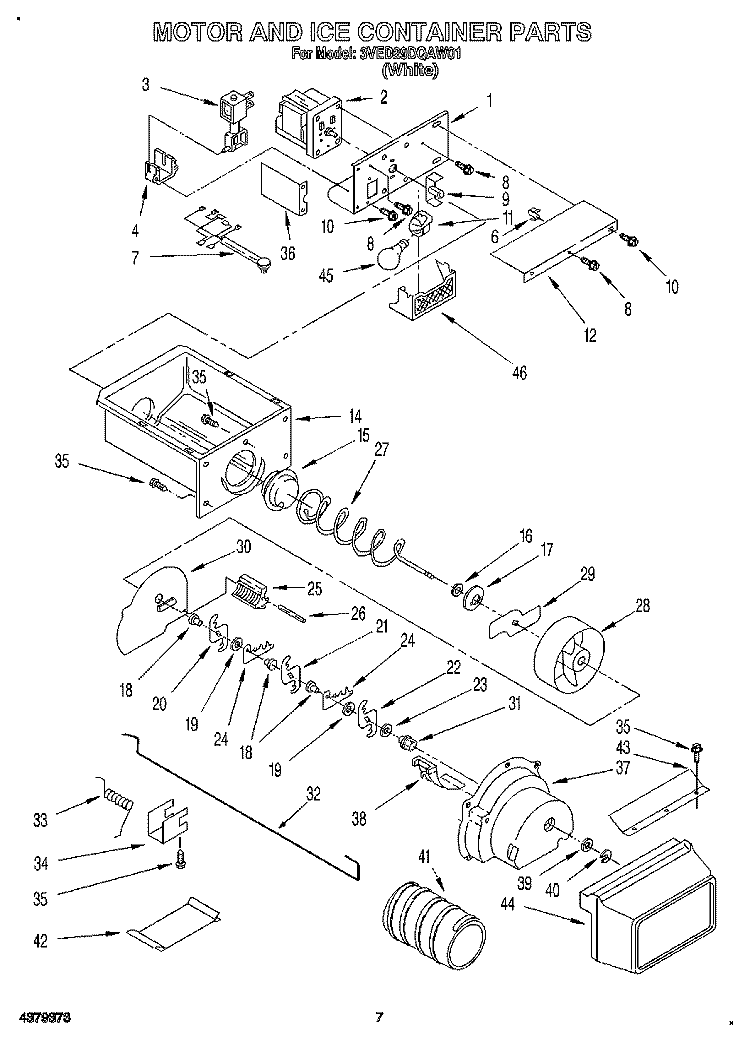 MOTOR AND ICE CONTAINER Diagram and Parts List for 3VED29DQAW01  Whirlpool Refrigerator