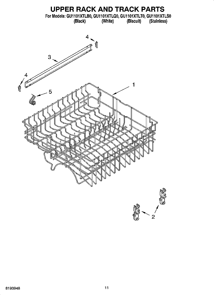 UPPER RACK AND TRACK PARTS Diagram and Parts List for GU1101XTLS0  Whirlpool Dishwasher