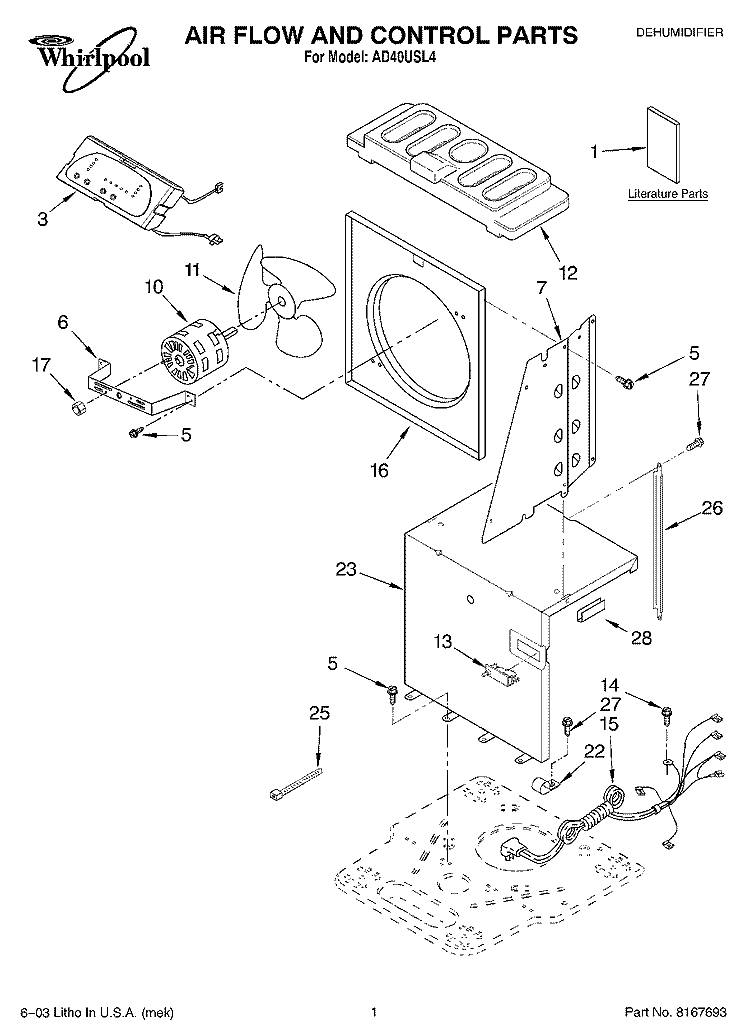 AIR FLOW AND CONTROL PARTS Diagram and Parts List for AD40USL4  Whirlpool Dehumidifier