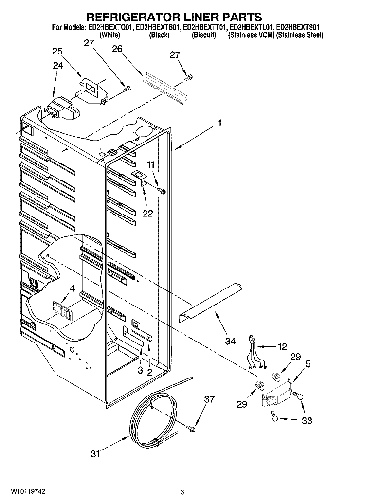 REFRIGERATOR LINER PARTS Diagram and Parts List for ED2HBEXTQ01  Whirlpool Refrigerator