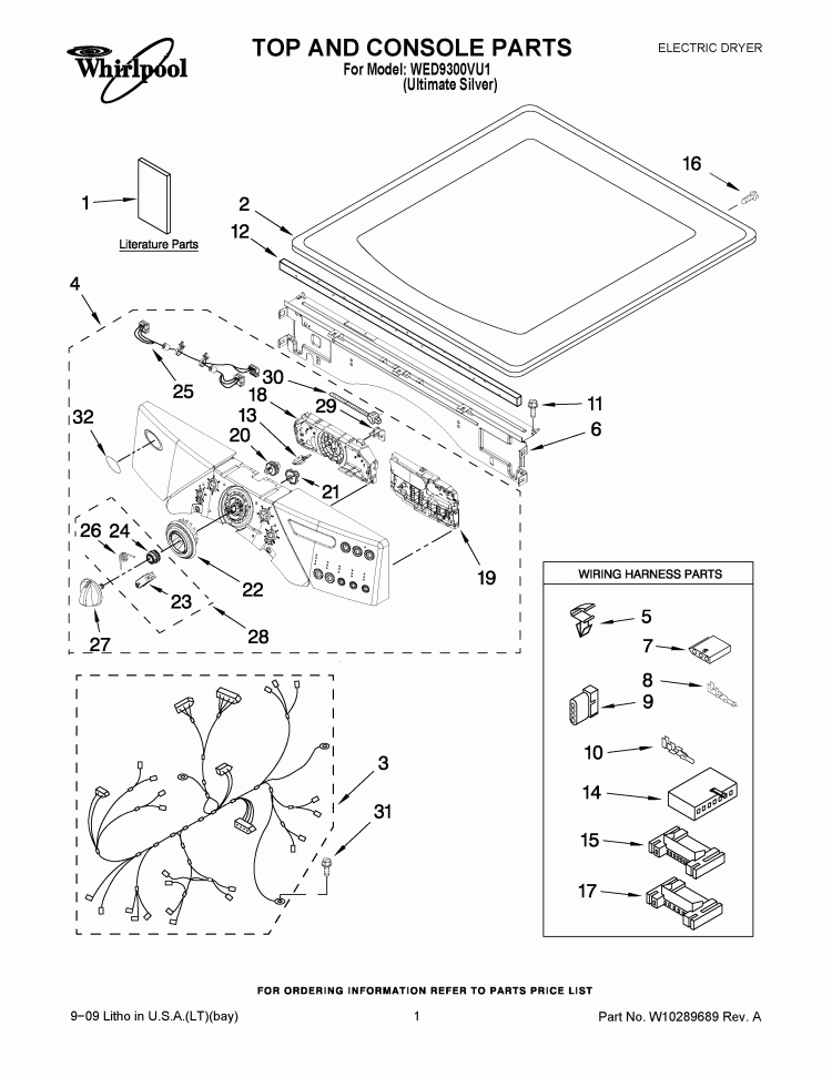 TOP AND CONSOLE PARTS Diagram and Parts List for WED9300VU1  Whirlpool Dryer