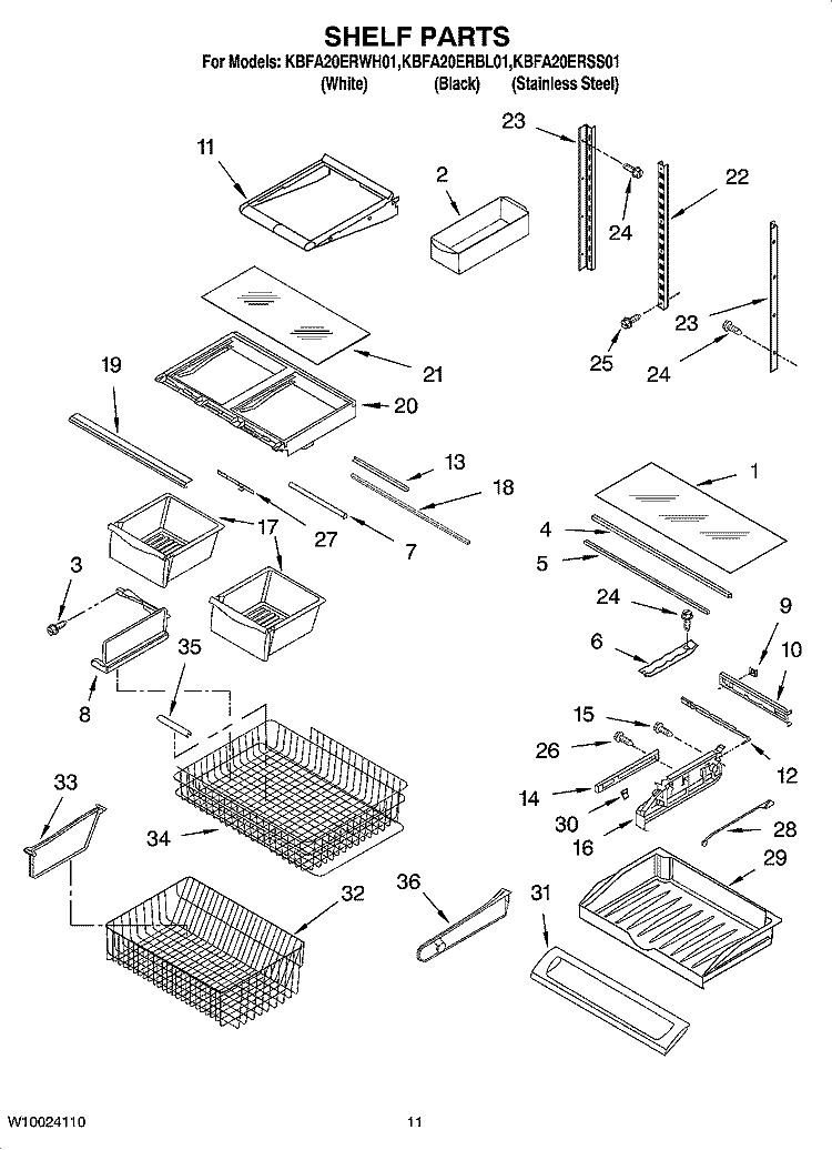 SHELF PARTS Diagram and Parts List for KBFA20ERBL01  KitchenAid Refrigerator