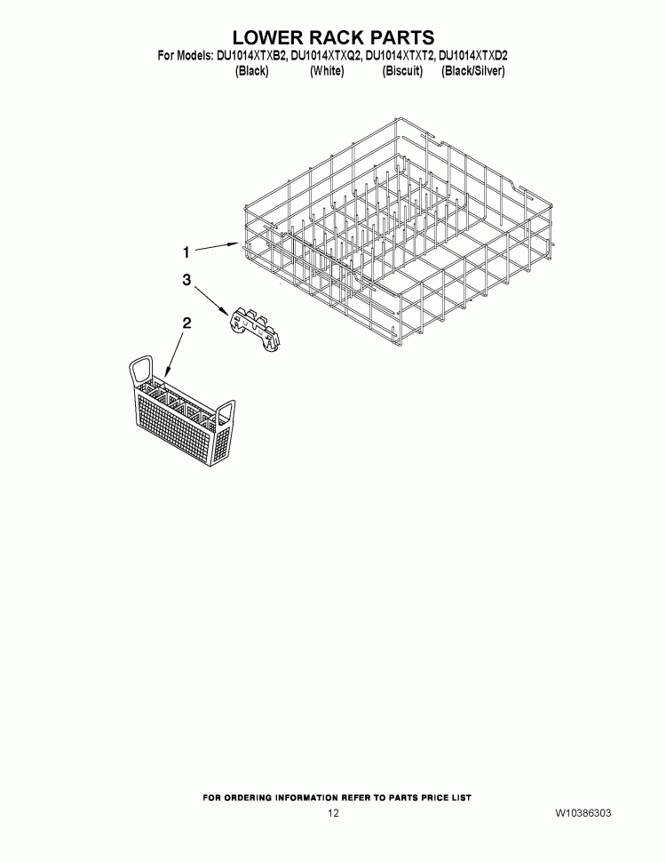LOWER RACK PARTS Diagram and Parts List for DU1014XTXB2  Whirlpool Dishwasher