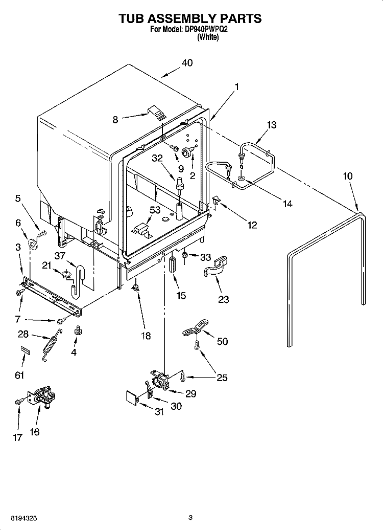 TUB ASSEMBLY PARTS Diagram and Parts List for DP940PWPQ2  Whirlpool Dishwasher