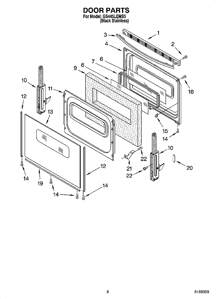 DOOR PARTS, OPTIONAL PARTS Diagram and Parts List for GS445LEMS5  Whirlpool Range