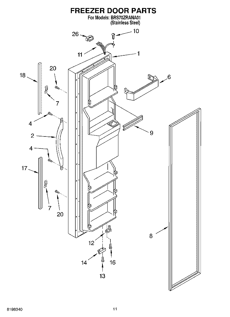 FREEZER DOOR PARTS Diagram and Parts List for BRS70ZRANA01  Whirlpool Refrigerator