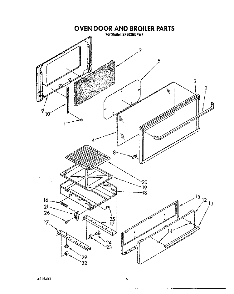 OVEN DOOR AND BROILER Diagram and Parts List for SF302BERW5  Whirlpool Range