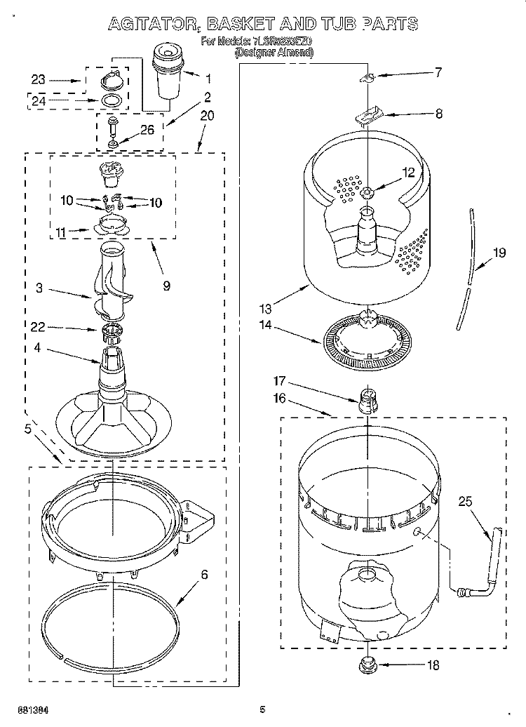 AGITATOR, BASKET AND TUB Diagram and Parts List for 7LSR5233EZ0  Whirlpool Washer