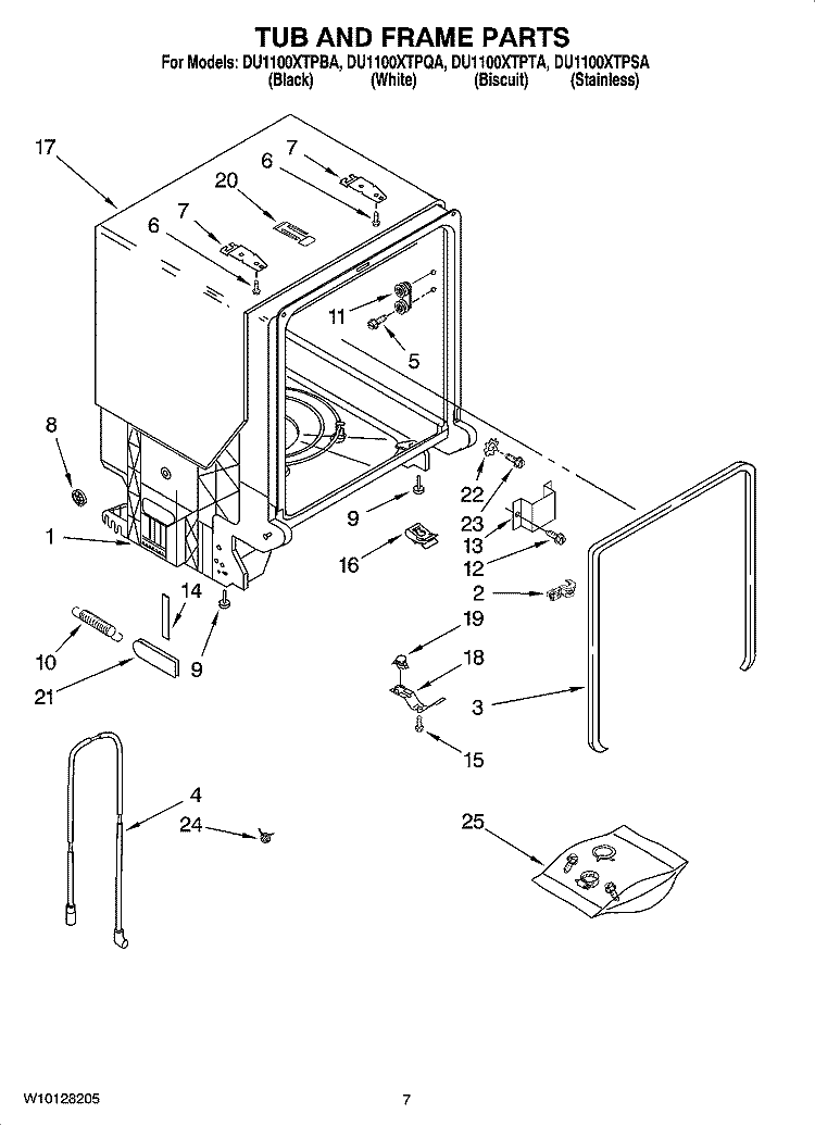 TUB AND FRAME PARTS Diagram and Parts List for DU1100XTPBA  Whirlpool Dishwasher