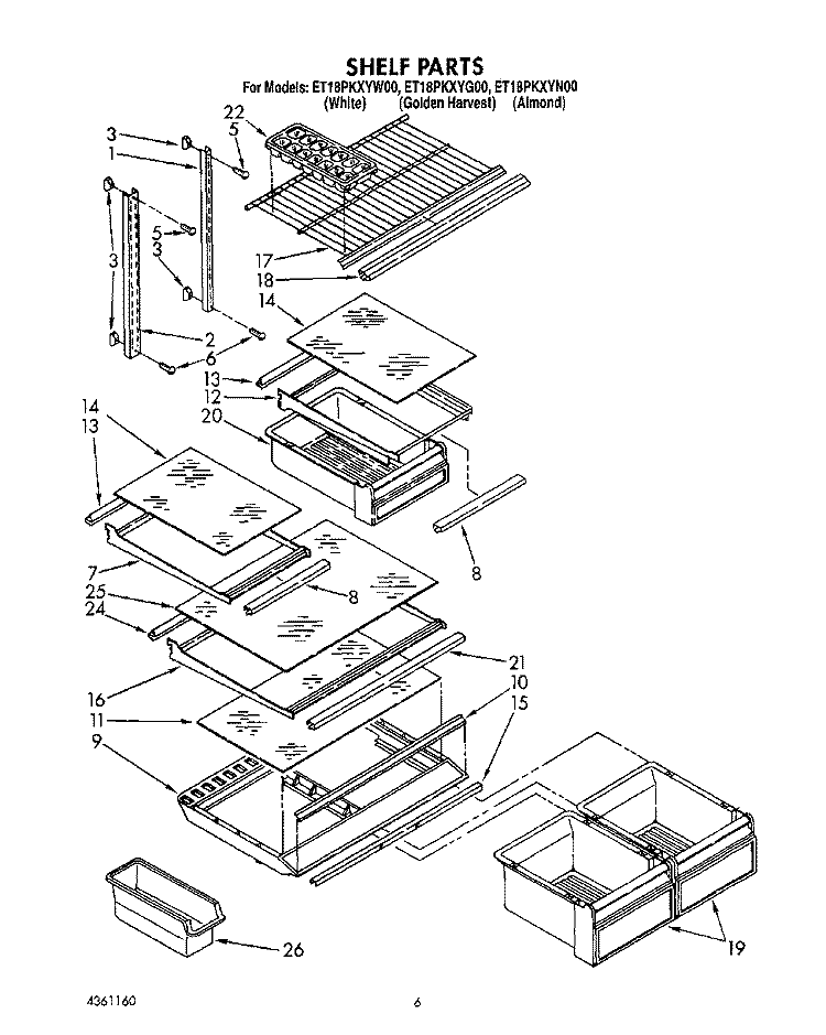 SHELF Diagram and Parts List for ET18PKXYN00  Whirlpool Refrigerator