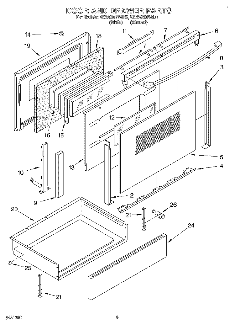 DOOR AND DRAWER Diagram and Parts List for KESS300BAL0  KitchenAid Range