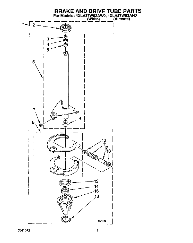 BRAKE AND DRIVE TUBE Diagram and Parts List for 4XLA87W92AW0  Whirlpool Washer