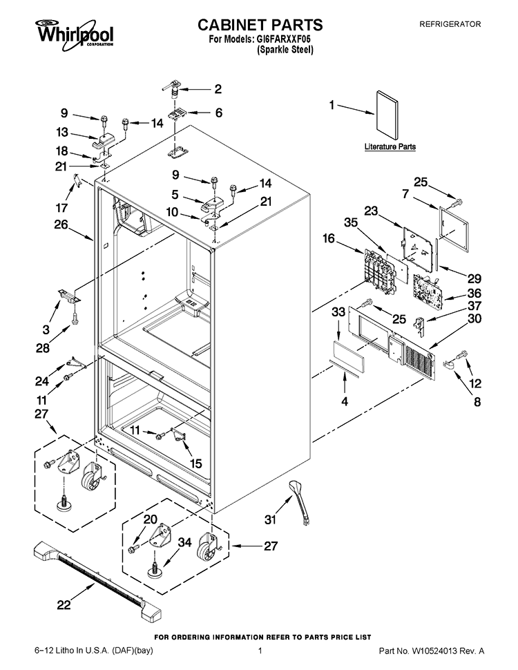 CABINET PARTS Diagram and Parts List for GI6FARXXF05  Whirlpool Refrigerator