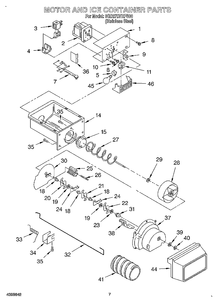 MOTOR AND ICE CONTAINER Diagram and Parts List for 6GD27DFXFS00  Whirlpool Refrigerator