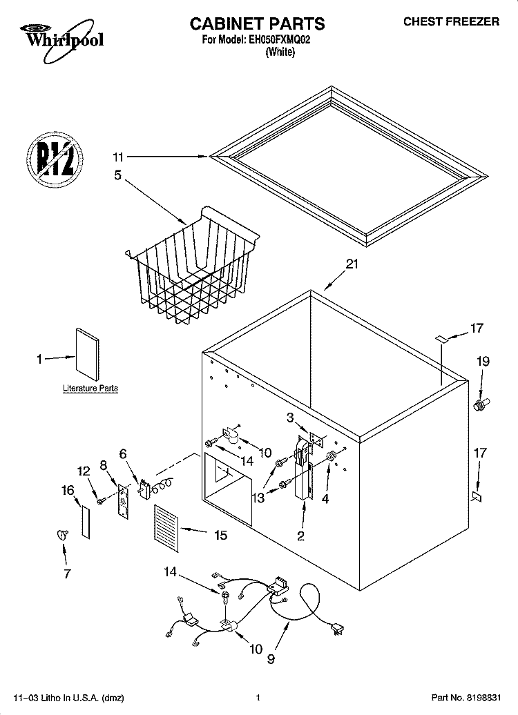 CABINET PARTS And PARTS NOT ILLUSTRATED Diagram and Parts List for EH050FXMQ02  Whirlpool Freezer
