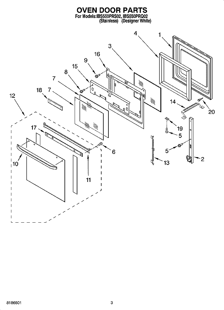 OVEN DOOR PARTS Diagram and Parts List for IBS550PRQ02  Whirlpool Wall Oven