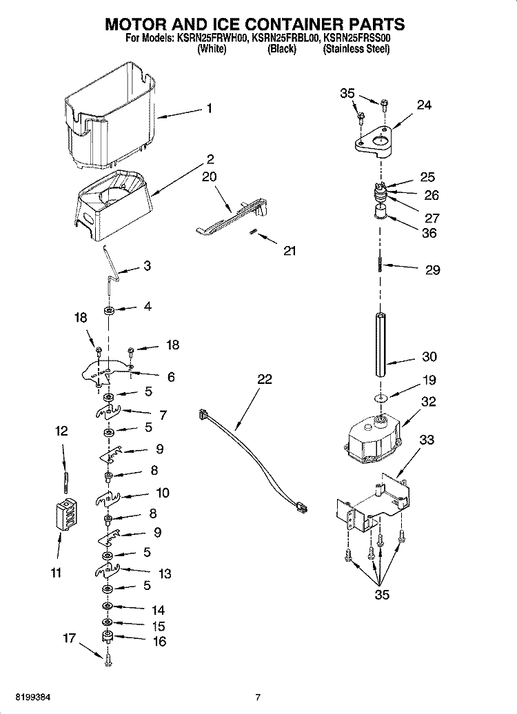 MOTOR AND ICE CONTAINER PARTS Diagram and Parts List for KSRN25FRBL00  KitchenAid Refrigerator