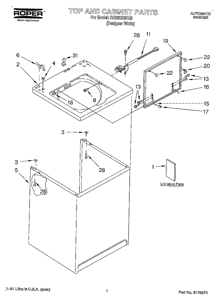 TOP AND CABINET, LITERATURE Diagram and Parts List for RAS6233KQ0  Roper Washer