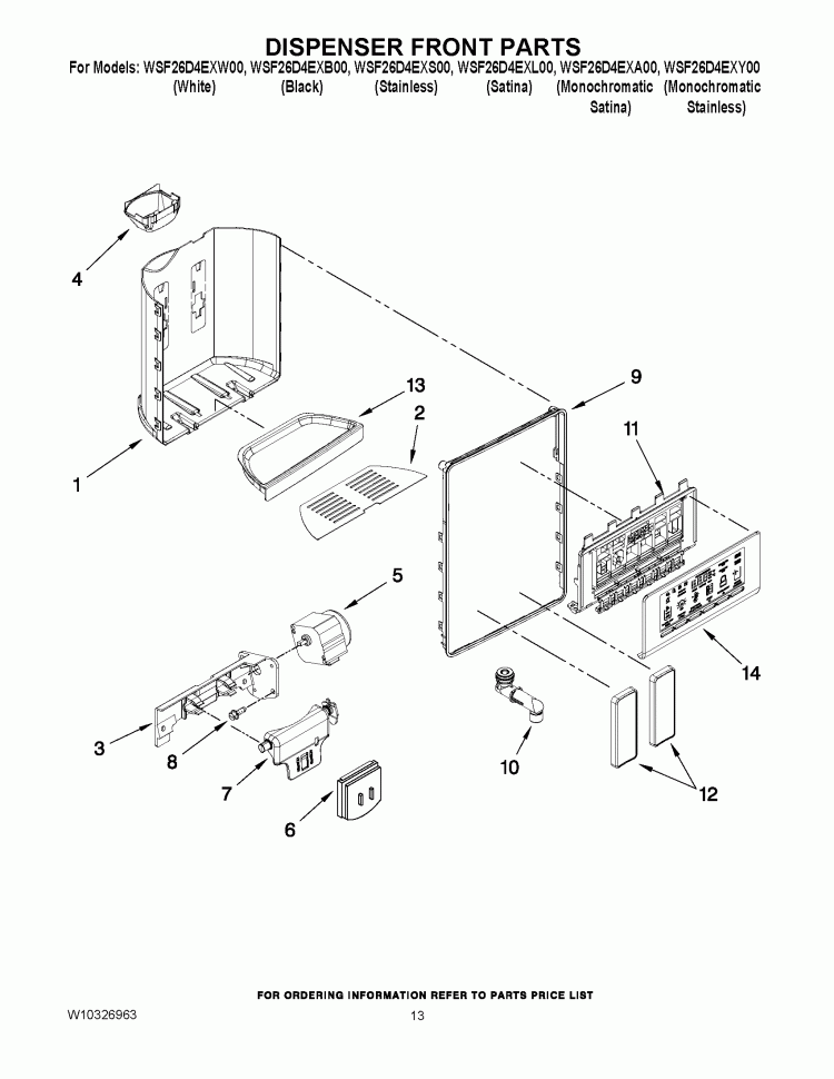 DISPENSER FRONT PARTS Diagram and Parts List for WSF26D4EXA00  Whirlpool Refrigerator