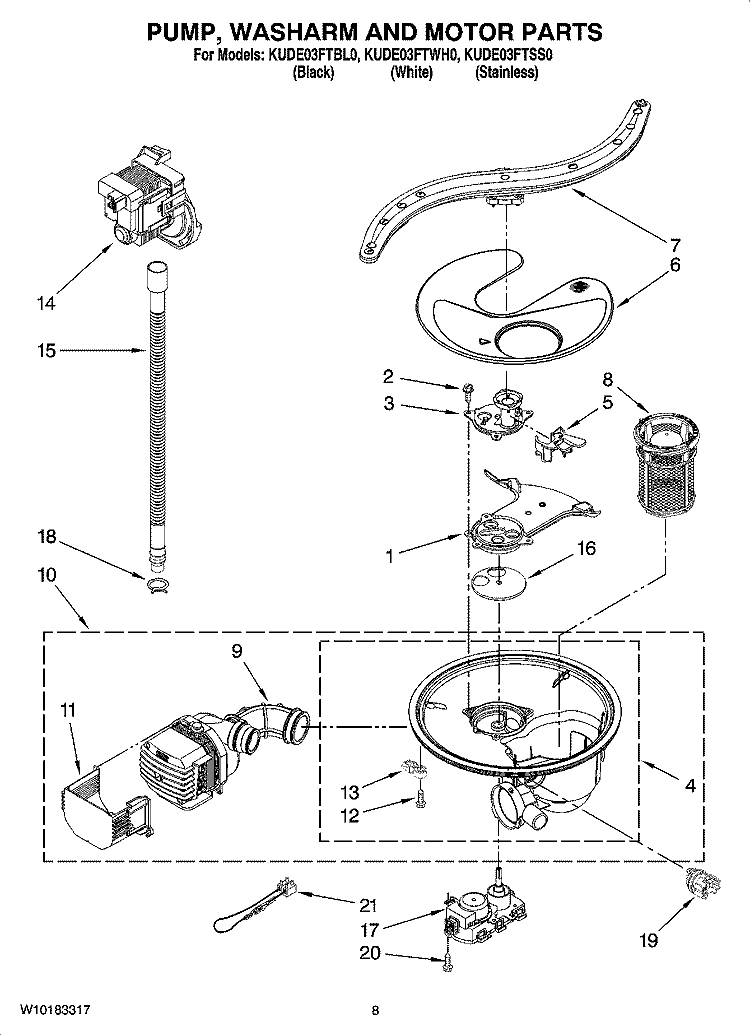 PUMP, WASHARM AND MOTOR PARTS Diagram and Parts List for KUDE03FTBL0  KitchenAid Dishwasher